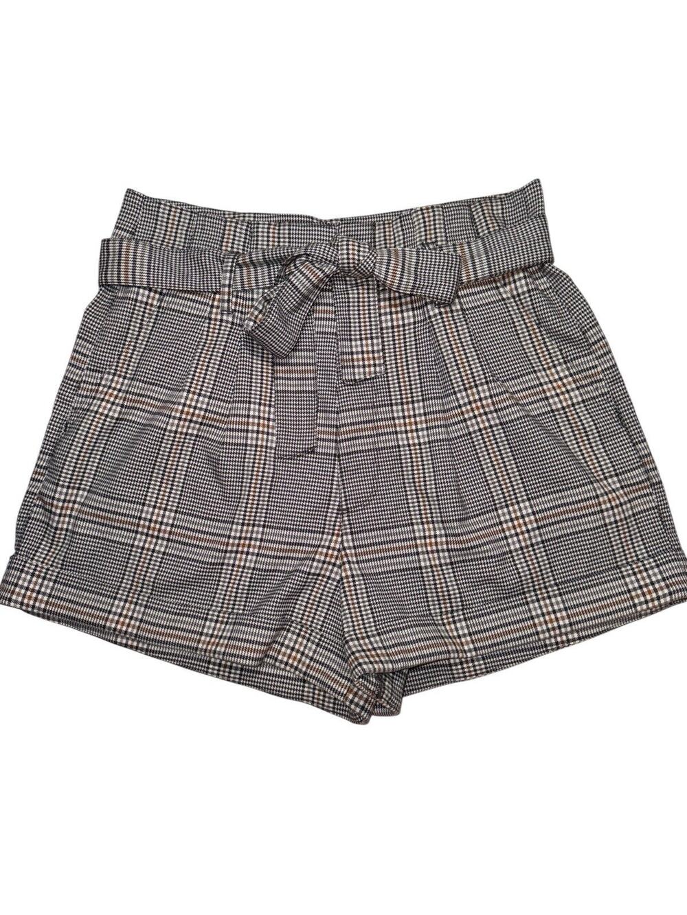Abercrombie & Fitch Shorts High Waist Plaid Houndstooth Tie Belt Black Tan MED